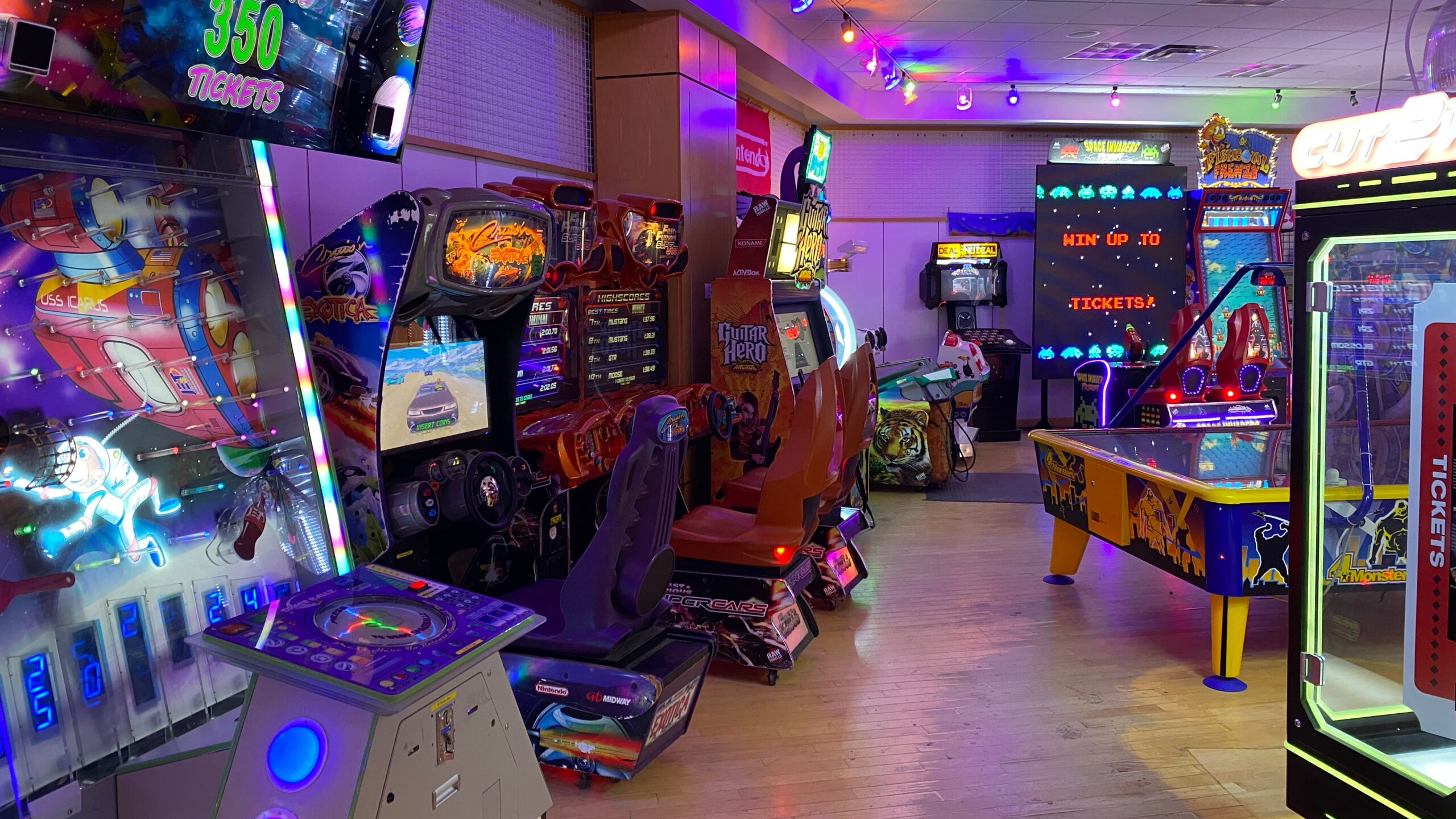 Colorful arcade games in vibrant setting in Maine
