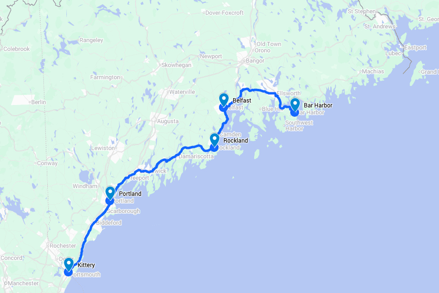 Maine Road Trip Coastal Route US 1 Maine road trip map showing route along US 1 from Kittery to Bar Harbor