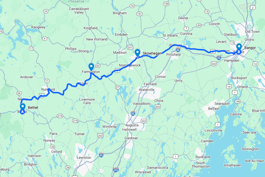 Maine Road Trip Coastal Route US 2 Maine road trip map showing route along US 2 from Bethel to Bangor