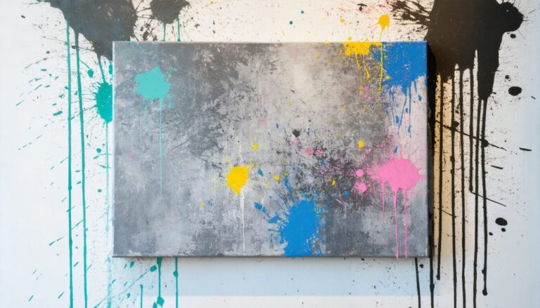 Paint splatter room canvas with paint dripping down the walls.