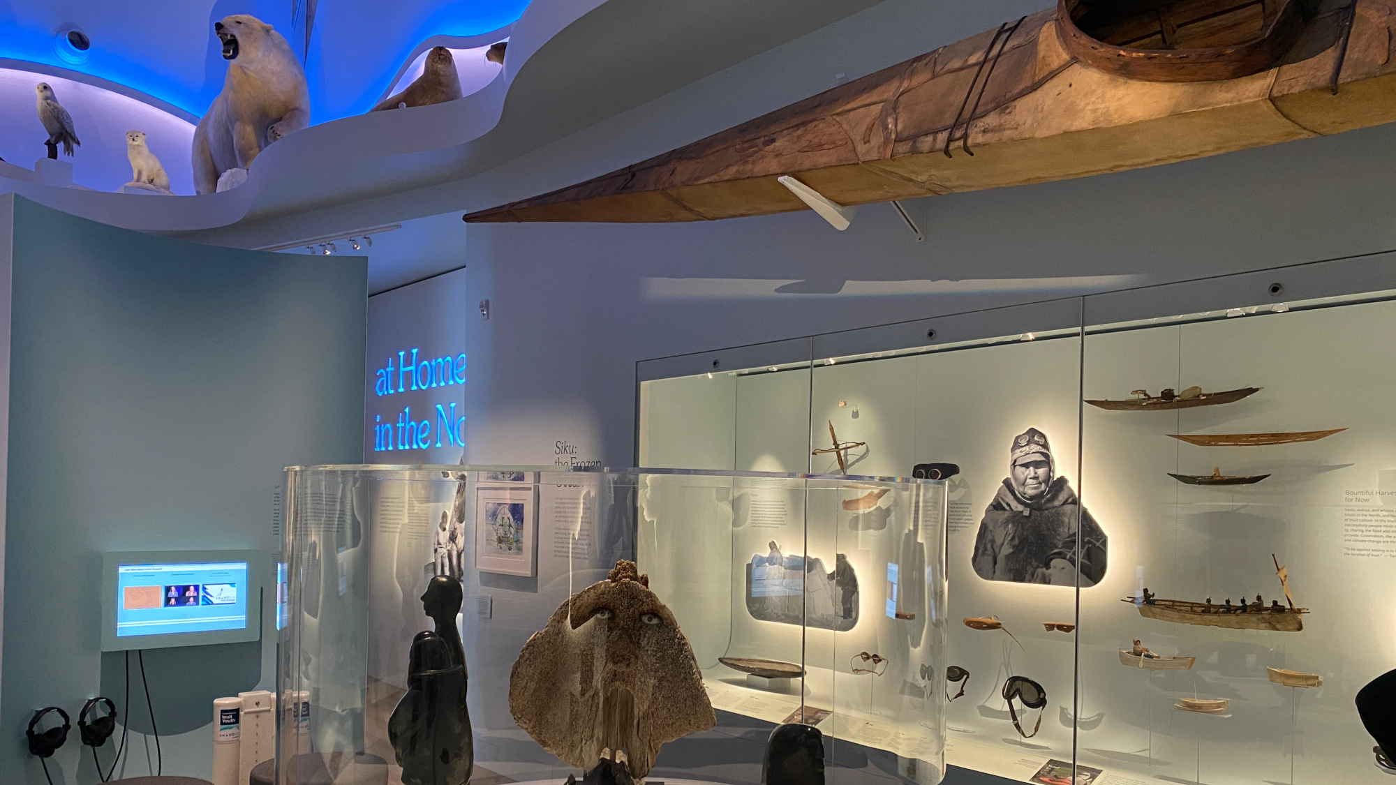 Peary-MacMillan Arctic Museum Exhibit Floor with boats, animals, and statues.