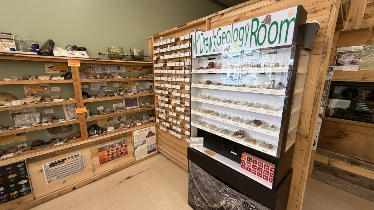 Mr. Drew geology exhibit with rocks lined up on display